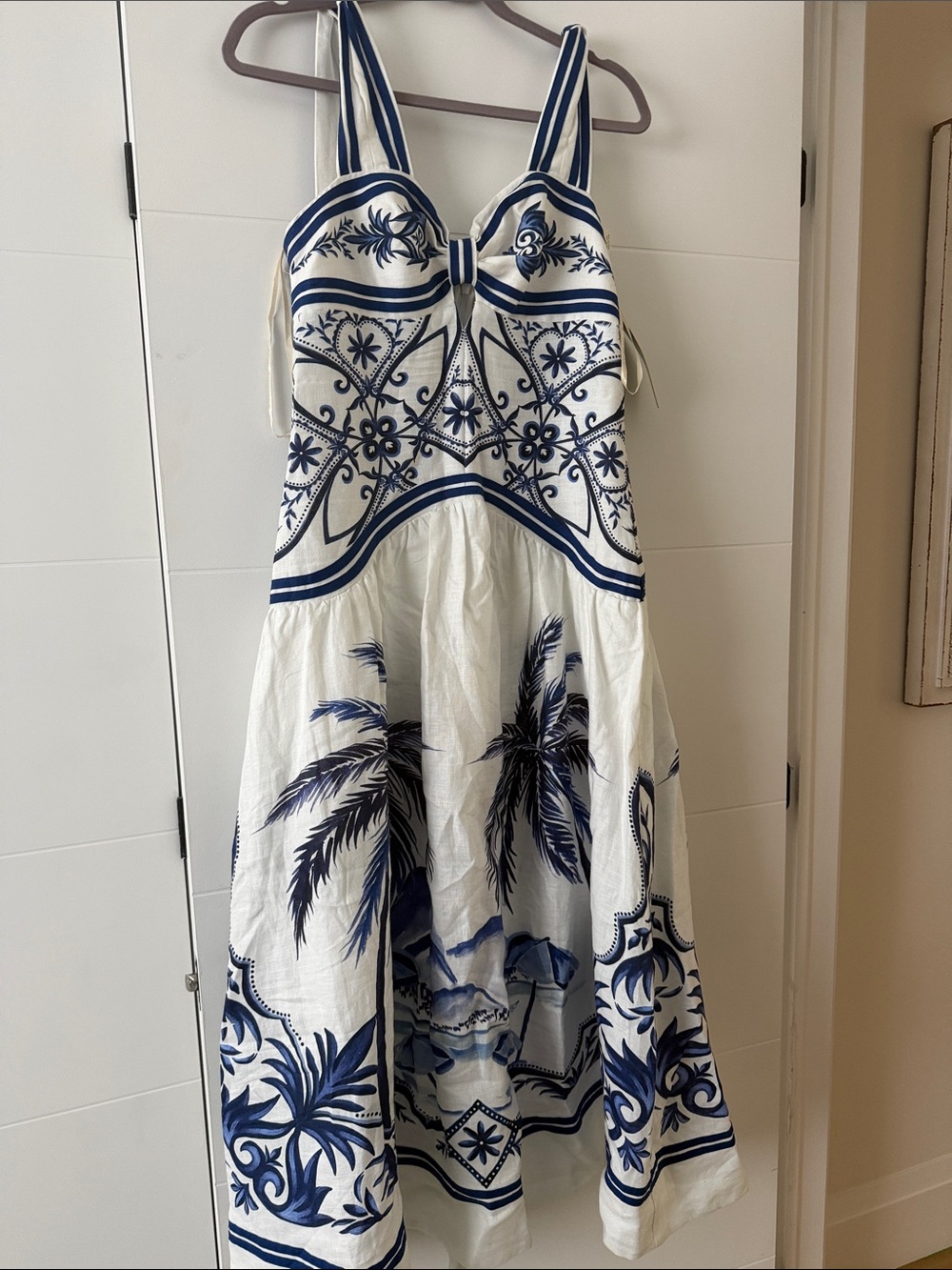 FARM Rio Navy and White Palm-Print Tiered Maxi Dress